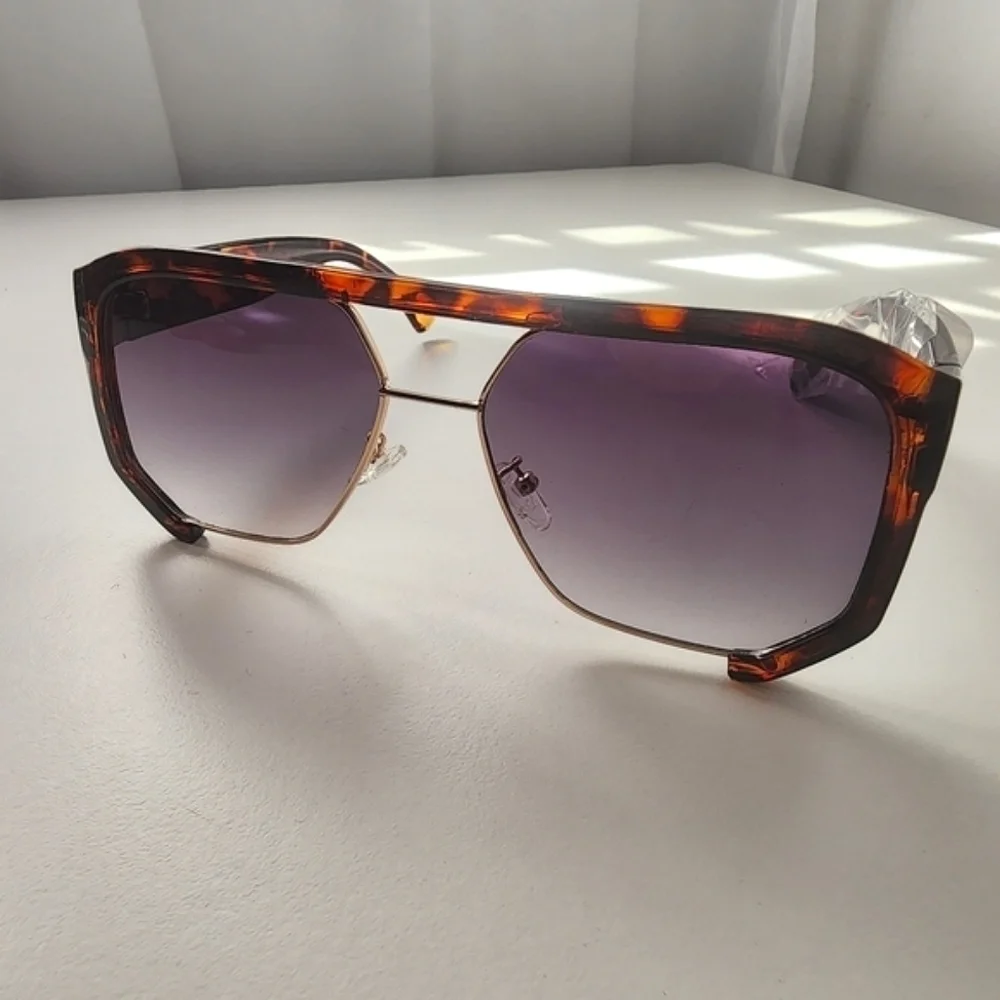 NEW Tortoise Oversize Modern Half Frame Aviator Sunglasses